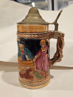 Vintage German Beer Stein Pewter Lid 11” Tall Lidded Mug Collectible